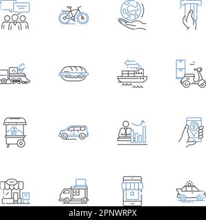 Symbolsammlung für Fertigungslinien für die Lagerautomatisierung. Robotik, DR, künstliche Intelligenz, RFID, erweiterte Realität, Sprachbefehl, autonomer Systemvektor Stock Vektor