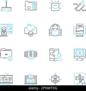 Lineare Symbole für Cloud-Opportunity festgelegt. Innovation, Skalierbarkeit, Flexibilität, Effizienz, Wachstum, Sicherheit, Zugänglichkeit Linienvektor und Konzeptschilder Stock Vektor