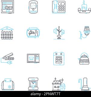Lineare Symbolgruppe für Haushaltsgeräte. Kühlschrank, Herd, Spülmaschine, Mikrowelle, Toaster, Blender, Kaffeemaschine Linienvektor und Konzeptschilder Stock Vektor