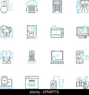 Lineare Symbole für künstliche Rechenleistung. Neural, Algorithmus, Automatisierung, Robotik, maschinelles Lernen, Analytics, Data-Mining-Linienvektor und Konzeptschilder Stock Vektor
