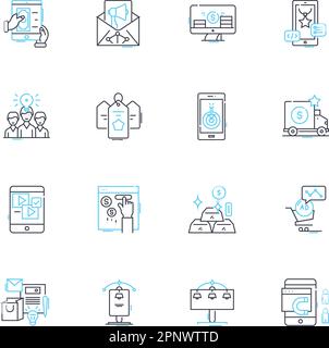 Drücken Sie Zusammenfassung Linearsymbole Satz. Briefing, Überblick, Wiederholung, Digest, Condensed, Zusammenfassung, abstrakter Linienvektor und Konzeptzeichen. Prüfung, Markierungen Stock Vektor