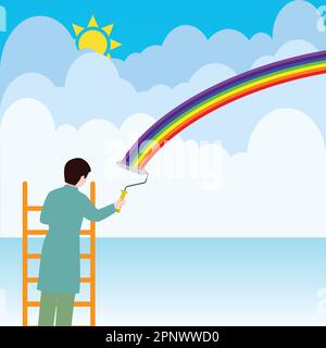 Ein Mann auf einer Leiter malt einen Regenbogen auf Wolken Stock Vektor