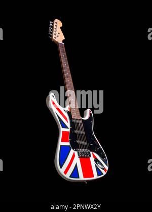 E-Gitarre auf schwarzem Hintergrund, Großbritannien Flagge Farbe Stockfoto