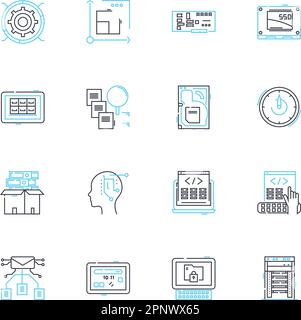 Audiosysteme Satz linearer Symbole. Verstärker, Bluetooth, Bass, Computer, Dolby, Equalizer, Frequenzlinienvektor und Konzeptzeichen. HDMI, Kopfzeichen, Home Stock Vektor