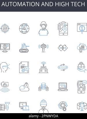 Symbolsammlung für Automation und High-Tech-Linien. Künstliche Intelligenz, moderne Technologie, Computersysteme, digitale Revolution, Robotik Stock Vektor