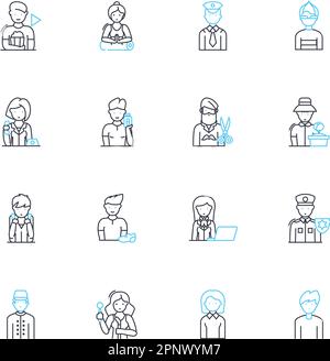 Lineare Symbole für Clientverhalten festgelegt. Impulsiv, Anspruchsvoll, Akribisch, Unentschlossen, Pingelig, Arrogante, vertrauensvolle Linienvektor- und Konzeptzeichen. Verdächtig Stock Vektor