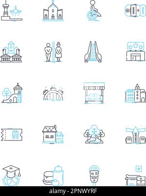 Lineare Symbole für Gemeinden festgelegt. Governance, Services, Infrastruktur, Planung, Entwicklung, Zeichen für Wachstum, Nachhaltigkeit, Linienvektor und Konzept Stock Vektor