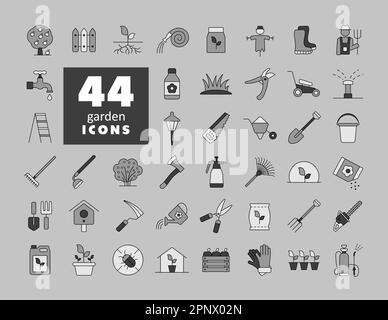Satz isolierter Vektorgrayskalen-Symbole für Gärtnern und Pflanzen. Diagrammsymbol für Landwirtschaft, Garten und Pflanzen Website- und App-Design, Logo, App, UI Stock Vektor