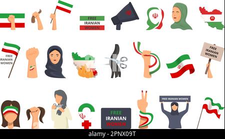 Die Ikonen des Iran setzen einen Cartoon-Vektor. Frauenflagge. Nachrichten für die Leute Stock Vektor