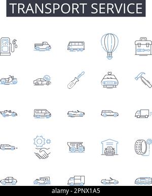 Symbolsammlung für Transport-Service-Position. Autovermietung, Frachtversand, Transportunternehmen, Lieferservice, Logistikunterstützung, Umzugsfirma Stock Vektor