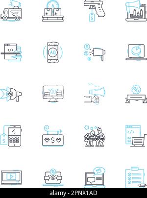 Lineare Symbole für Werbekampagnen festgelegt. Branding, Werbung, Werbung, Marketing, Öffentlichkeitsarbeit, Werbung, Sichtlinienvektor und Konzeptschilder Stock Vektor
