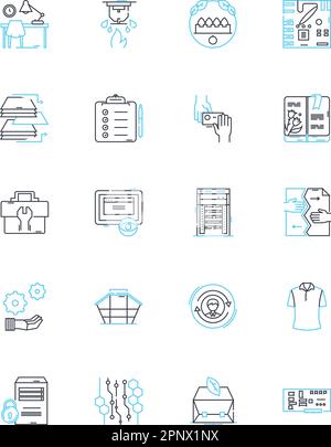 Lineare Symbolgruppe für Projekttechnologie. Automatisierung, Virtualisierung, Integration, Optimierung, Analysen, Maschinelles Lernen, Linienvektor mit erweiterter Realität Stock Vektor