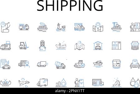 Symbolsammlung für Versandpositionen. Lieferung, Fracht, Transport, Versand, Transport, Versand, Transfervektor und lineare Darstellung. Beförderung Stock Vektor