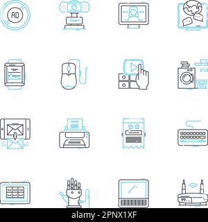 Lineare Symbole für digitale Medien eingestellt. Broadcasting, Streaming, Interaktivität, Inhalte, Video, Audio, Grafik-Linienvektor und Konzeptschilder. Bewegungssimulation Stock Vektor