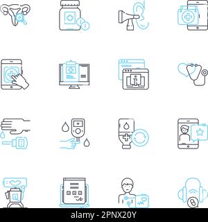 Medizinische Behandlung Lineare Symbole gesetzt. Diagnose, Therapie, Medizin, Chirurgie, Chemotherapie, Strahlentherapie, Dilatationslinienvektor und Konzeptzeichen Stock Vektor