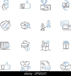 Symbolsammlung der Strip Mall Line. Einzelhandel, Shopping, Plaza, Geschäfte, Komfort, Kommerzielle Darstellung, Vektorstreifen und lineare Darstellung. Steckdosen, Parkplatz Stock Vektor