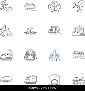 Symbolsammlung für Lieferpositionen. Dispatch, Kurier, Versand, Versand, Verpackung, Tracking, Delivery Vector und lineare Darstellung Stock Vektor