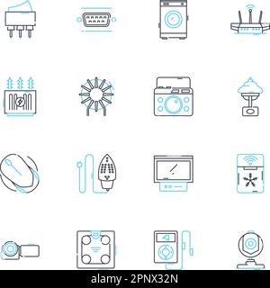 Lineare Symbole für drahtlose Kommunikation eingestellt. Bluetooth, Wi-Fi, Mobiltelefon, Signal, Radio, Nerk, Antennenlinienvektor und Konzeptzeichen. Modem, Empfänger Stock Vektor