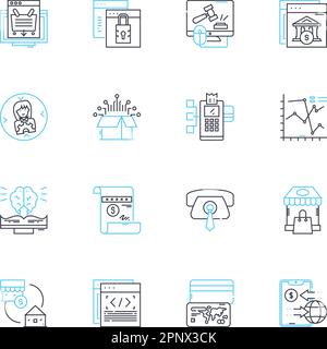 Lineare Symbole für Finanztechnologie. Kryptowährung, Blockchain, Bitcoin, Fintech, Digital, Mobilgeräte, Zahlungslinien-Vektor und Konzeptschilder Stock Vektor