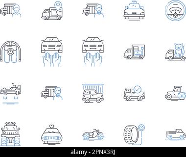 Symbolsammlung für Anhängerlinien. Energieversorgung, Transport, Fracht, Transport, Anhängevorrichtung, Abschleppen, mobiler Vektor und lineare Darstellung. Wohnmobil, umschlossen, Flachbett-Umriss Stock Vektor
