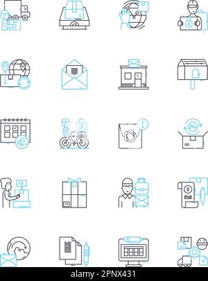 Symbole für lineare Parzellen festgelegt. Zustellung, Versand, Post, Paket, Kurier, Post, Vektor der Sendungsposition und Konzeptzeichen. Box, Container, Umriss der Statusverfolgung Stock Vektor