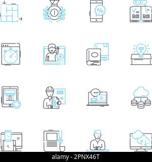 Lineare Symbole für Marketingstrategie. Taktik, Branding, Werbung, Werbung, Kommunikation, Positionierung, Segmentierungslinienvektor und Konzeptzeichen Stock Vektor
