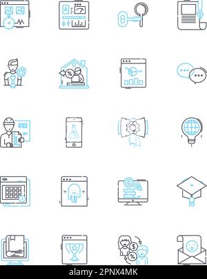 Lineare Symbole für Marketingstrategie. Taktik, Branding, Werbung, Werbung, Kommunikation, Positionierung, Segmentierungslinienvektor und Konzeptzeichen Stock Vektor