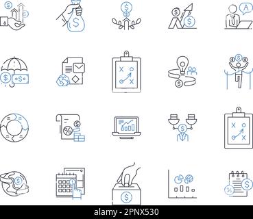 Symbolsammlung für Abgangspositionen. Pension, Freizeit, Ersparnisse, Goldene Jahre, Entspannung, Sicherheit, Freiheitsvektor und lineare Darstellung. Entspannung Stock Vektor