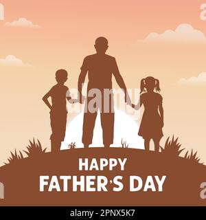 „Happy father's day with Dad and children“-Silhouette, Vatertag-Hintergrund, „Happy father's day“-Kalligrafiedesign Stock Vektor
