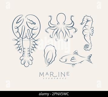 Filigrane Wirbel Meer- und Meereskreaturen Hummer, Kraken, Seepferdchen, Austern, Fische auf grauem Hintergrund Stock Vektor