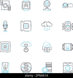 Lineare Symbole für Technologieinstrumente festgelegt. Gadgets, Robotik, Drs, Wearables, Virtualität, Internet, Chips-Linienvektor und Konzeptschilder. Künstlich Stock Vektor