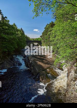 invermoriston Falls in der Nähe von Loch Ness in Schottland an einem sonnigen Tag mit klarem blauen Himmel. Stockfoto