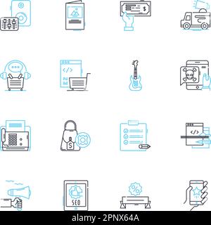 Mediaplanung – Satz linearer Symbole. Strategie, Budget, Zielgruppenansprache, Forschung, Werbung, Personalien, Kanallinienvektor und Konzeptzeichen Stock Vektor