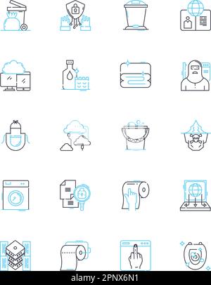 Desinfizierende lineare Symbolgruppe. Desinfizieren, Sterilisieren, Reinigen, Keimtötung, Dekontaminieren, Antimikrobiell, reinigender Linienvektor und Konzept Stock Vektor