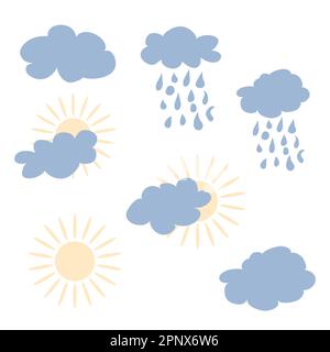 Süße Sonne und Regenwolke, leichte Wolken. Karte für Kinder oder Poster für das Kinderzimmer. Zeichentrickfilm. Stock Vektor