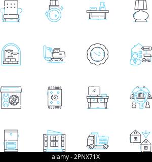 Linearer Symbolsatz für Möbeleinzelhandel. Sofas, Stühle, Tische, Betten, Kleiderschränke, Schreibtische, Bücherregale, Linienvektoren und Konzeptschilder. Ruhesessel Stock Vektor