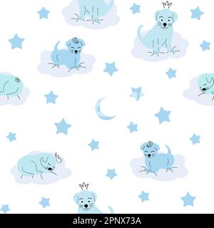 Süßes schlafendes Hündchen, Wolken, Sterne, Krone, Schmetterlinge nahtloses Muster. Sanfte Farben für Neugeborene Stock Vektor
