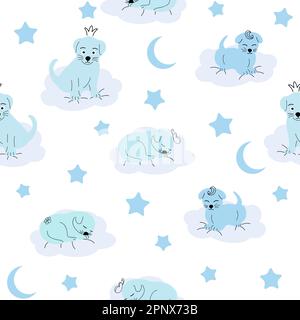 Süßes schlafendes Hündchen, Wolken, Sterne, Krone, Schmetterlinge nahtloses Muster. Sanfte Farben für Neugeborene Stock Vektor