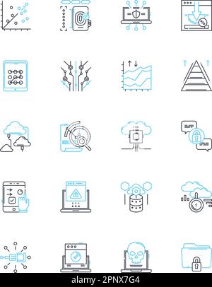 Lineare Symbole für Informationssicherheit festgelegt. Verschlüsselung, Firewall, Malware, Phishing, Passwörter, Cybersicherheit, Vektor für Schwachstellen und Konzeptschilder Stock Vektor