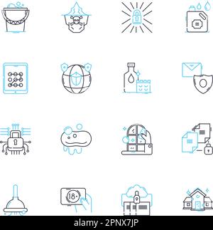 Desinfizierende lineare Symbolgruppe. Desinfizieren, Sterilisieren, Reinigen, Keimtötung, Dekontaminieren, Antimikrobiell, reinigender Linienvektor und Konzept Stock Vektor