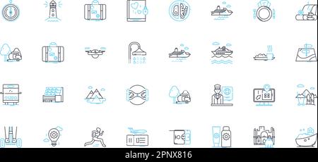 Lineare Symbole für Exkursionen festgelegt. Abenteuer, Safari, Kreuzfahrt, Erkundungen, Trekking, Wandern, Kulturlinienvektor und Konzeptschilder. Geschichte, Architektur Stock Vektor