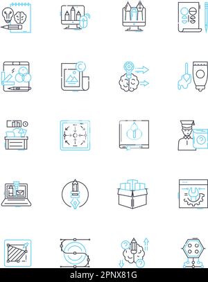 Lineare Symbolgruppe für konzeptionelle Kunst. Philosophie, Abstraktion, Ausdruck, Wahrnehmung, Innovation, Interpretation, Minimalismuslinienvektor und Konzeptzeichen Stock Vektor