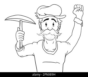 Bergbaumann mit langem Schnurrbart, Mütze, erhobener Faust und einer Spitzhacke. Entwerfen Sie Umrisse für Malaktivitäten. Stock Vektor