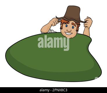 Grünes Vorlagenschild mit dickem blonden Farmer mit fröhlicher Geste und Fäusten im Cartoon-Stil. Stock Vektor