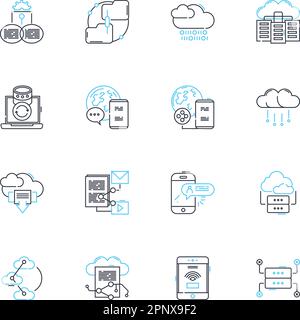 Lineare Symbole für Cyber-Analysen. Cybersicherheit, Analysen, Daten, Schwachstellen, Bedrohung, Intelligenz, Detektionslinienvektor und Konzeptzeichen Stock Vektor