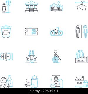 Linearer Symbolsatz für städtischen Raum. Kräftig, Lebendig, Kosmopolitisch, Kantig, Beton, Hipster, Graffiti-Linienvektor und Konzeptzeichen. Gemeinschaftlich, Geschäftig, Lebhaft Stock Vektor