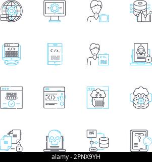 Lineare Symbole für Augmented Reality gesetzt. Hologramme, Immersive, Digital, Interaktiv, Animation, Virtuell, Überlagerung von Linienvektoren und Konzeptzeichen. Sehen Stock Vektor