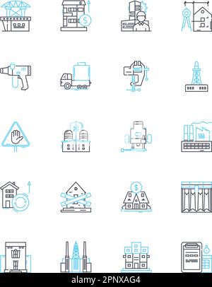 Lineare Symbole für die Gestaltung der Stadtlandschaft festgelegt. Architektur, Urbanisierung, Wolkenkratzer, Wahrzeichen, Straßenlandschaften, Infrastruktur, Entwicklungslinien-Vektor und Stock Vektor