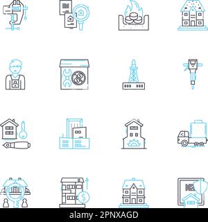 Metropolis baut lineare Symbole auf. Wolkenkratzer, Turm, Megacity, Urban, Futuristisch, Vektor und Konzeptschilder für legendäre Landmarken. Glas, Stahl Stock Vektor