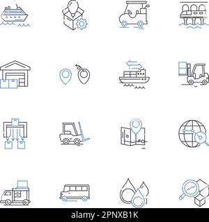 Collection mit Positionssymbolen in der Frachtverwaltung. Logistik, Transport, Bestand, Lieferkette, Lagerhaltung, Verteilung, Trägervektor und linear Stock Vektor